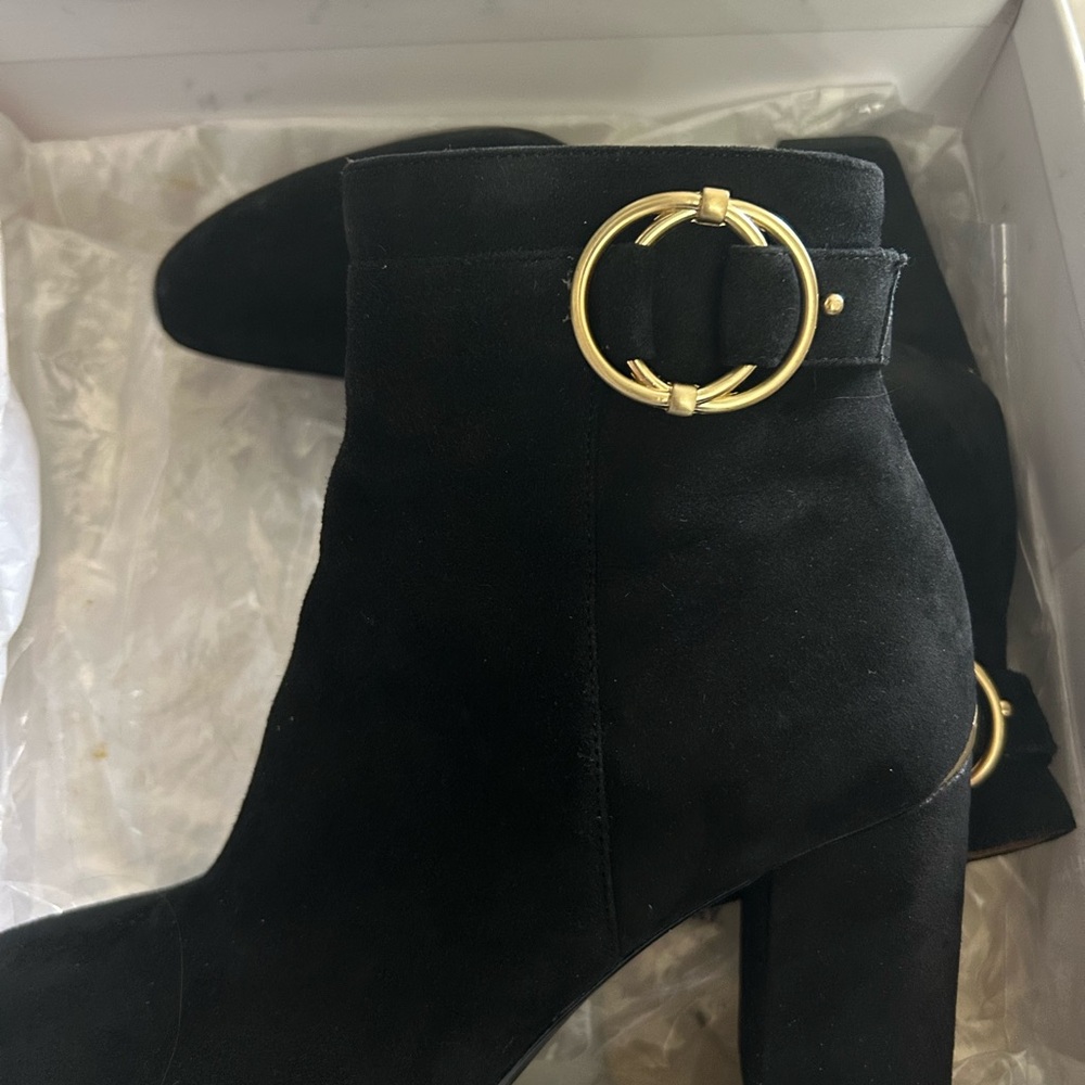 Calvin Klein Black and Gold Heeled Boots with Buckle